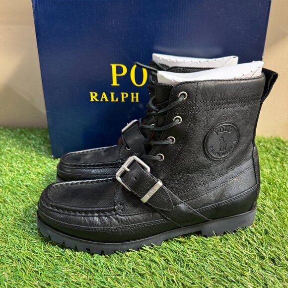 Polo Ralph Lauren Ranger Tumbled Leather Black Buckle Lug Sole Boots Mens NEW main image 5